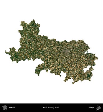 Arras. Fransa 'nın idari bölgesi, Mayıs 2020' de çekilen Kopernik Nöbetçi karolarından oluşan bir uydu görüntüsüyle beyaza izole edildi.