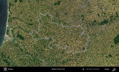 Arras. Mayıs 2020 'de çekilen Copernicus Sentinel karolarından oluşan bir uydu görüntüsünde Fransa' nın idari bölgesinin ana hatları belirlendi.