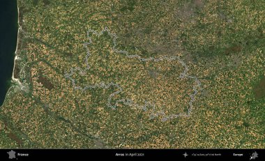 Arras. Copernicus Sentinel 'in Nisan 2021' de çekilen uydu görüntüsünde Fransa 'nın idari bölgesinin ana hatları belirlendi.