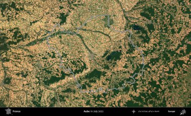 Aube. Copernicus Sentinel 'in Temmuz 2022' de çekilen uydu görüntüsünde Fransa 'nın idari bölgesinin ana hatları belirlendi.