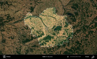 Aube. Fransa 'nın idari alanı, Temmuz 2022' de çekilen Kopernik Nöbetçi karolarından oluşan koyu renkli bir uydu görüntüsüyle vurgulandı ve özetlendi.