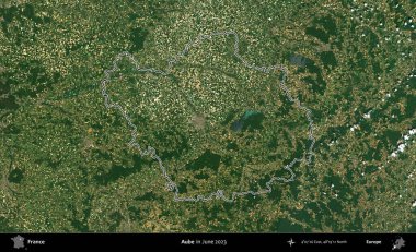 Aube. Haziran 2023 'te çekilen Copernicus Sentinel karolarından oluşan bir uydu görüntüsünde Fransa' nın idari bölgesinin ana hatları belirlendi.