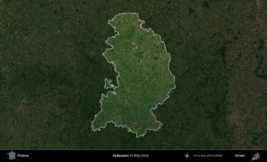 Aubusson. Fransa 'nın idari alanı, Mayıs 2020' de çekilen Kopernik Nöbetçi karolarından oluşan koyu renkli bir uydu görüntüsü üzerinde vurgulandı ve özetlendi.