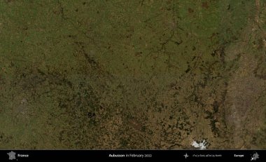 Aubusson. Copernicus Sentinel 'in Şubat 2022' de çekilmiş uydu görüntüsü üzerine Fransa 'nın idari bölgesi.