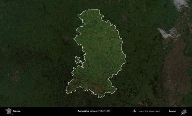 Aubusson. Fransa 'nın idari alanı, Kopernik Sentinel' in Kasım 2022 'de çekilmiş koyu renkli bir uydu görüntüsüyle vurgulandı ve özetlendi.