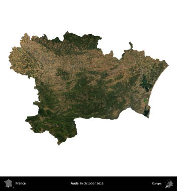 Aude. Fransa 'nın idari bölgesi, Ekim 2023' te çekilen Kopernik Nöbetçi karolarından oluşan bir uydu görüntüsüyle beyaza izole edildi.