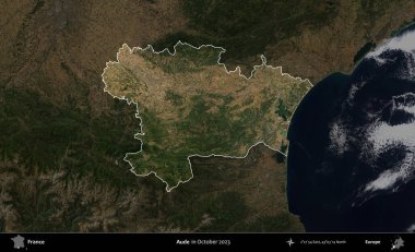 Aude. Fransa 'nın idari alanı, Ekim 2023' te çekilen Kopernik Nöbetçi karolarından oluşan koyu renkli bir uydu görüntüsü üzerinde vurgulandı ve özetlendi.