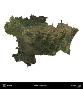 Aude. Fransa 'nın idari bölgesi, Nisan 2024' te çekilen Kopernik Nöbetçi karolarından oluşan bir uydu görüntüsü ile beyaza izole edildi.