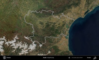 Aude. Nisan 2024 'te çekilen Copernicus Sentinel karolarından oluşan bir uydu görüntüsünde Fransa' nın idari bölgesinin ana hatlarını çizdim.