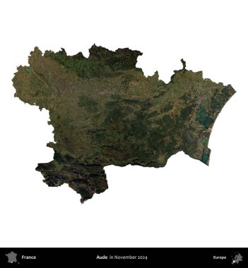 Aude. Fransa 'nın idari bölgesi, Kasım 2024' te çekilen Kopernik Nöbetçi karolarından oluşan uydu görüntüsüyle beyaza izole edildi.