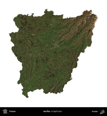 Aurillac. Fransa 'nın idari bölgesi, Nisan 2021' de çekilen Kopernik Nöbetçi karolarından oluşan bir uydu görüntüsü ile beyaza izole edildi.