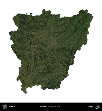 Aurillac. Fransa 'nın idari bölgesi, Ağustos 2024' te çekilen Kopernik Nöbetçi karolarından oluşan bir uydu görüntüsüyle beyaza izole edildi.