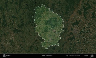 Autun. Fransa 'nın idari alanı, Haziran 2021' de çekilen Kopernik Sentinel karolarından oluşan koyu renkli bir uydu görüntüsü üzerinde vurgulandı ve özetlendi.