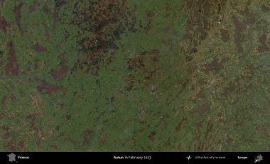 Autun. Copernicus Sentinel 'in Şubat 2023' te çekilmiş uydu görüntüsü üzerine Fransa 'nın idari bölgesi.