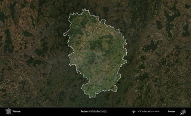 Autun. Fransa 'nın idari alanı, Ekim 2023' te çekilen Kopernik Nöbetçi karolarından oluşan koyu renkli bir uydu görüntüsü üzerinde vurgulandı ve özetlendi.