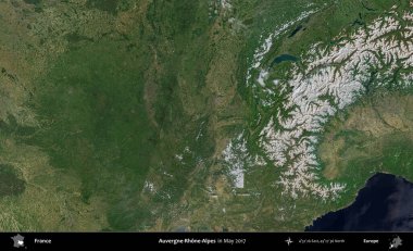 Auvergne-Rhone-Alpes. Copernicus Sentinel 'in Mayıs 2017' de çekilmiş uydu görüntüsü üzerine Fransa 'nın idari bölgesi.