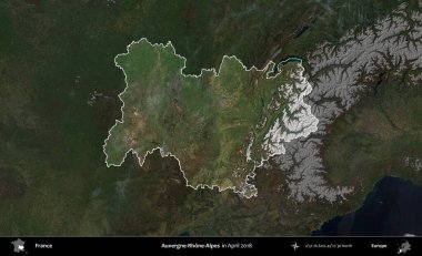 Auvergne-Rhone-Alpes. Fransa 'nın idari alanı, Nisan 2018' de çekilen Kopernik Nöbetçi karolarından oluşan koyu renkli bir uydu görüntüsü üzerinde vurgulandı ve özetlendi.