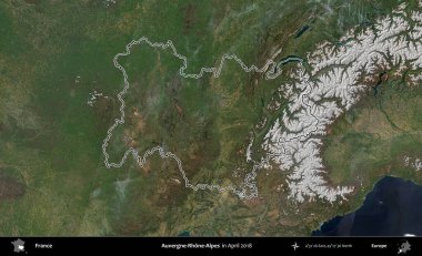 Auvergne-Rhone-Alpes. Copernicus Sentinel 'in Nisan 2018' de çekilen uydu görüntüsünde Fransa 'nın idari bölgesinin ana hatları belirlendi.