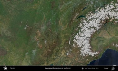 Auvergne-Rhone-Alpes. Copernicus Sentinel 'in Nisan 2018' de çekilmiş uydu görüntüsü üzerine Fransa 'nın idari bölgesi.