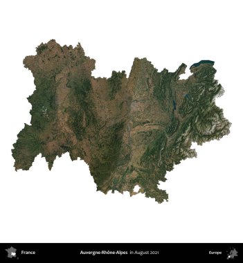 Auvergne-Rhone-Alpes. Fransa 'nın idari bölgesi, Ağustos 2021' de çekilen Kopernik Nöbetçi karolarından oluşan bir uydu görüntüsüyle beyaza izole edildi.