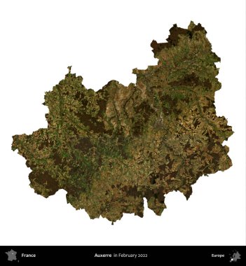 Auxerre. Fransa 'nın idari bölgesi, Şubat 2022' de çekilen Kopernik Nöbetçi karolarından oluşan bir uydu görüntüsüyle beyaza izole edildi.