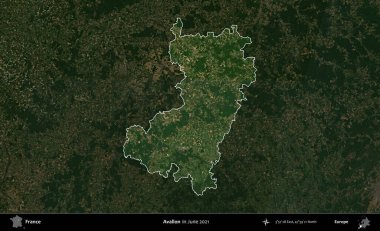 Avallon. Fransa 'nın idari alanı, Haziran 2021' de çekilen Kopernik Sentinel karolarından oluşan koyu renkli bir uydu görüntüsü üzerinde vurgulandı ve özetlendi.