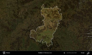 Avallon. Fransa 'nın idari alanı, Şubat 2022' de çekilen Kopernik Sentinel karolarından oluşan koyu renkli bir uydu görüntüsü üzerinde vurgulandı ve özetlendi.