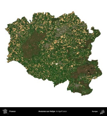 Avesnes-sur-Helpe. Fransa 'nın idari bölgesi, Nisan 2021' de çekilen Kopernik Nöbetçi karolarından oluşan bir uydu görüntüsü ile beyaza izole edildi.