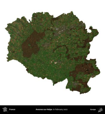 Avesnes-sur-Helpe. Fransa 'nın idari bölgesi, Şubat 2022' de çekilen Kopernik Nöbetçi karolarından oluşan bir uydu görüntüsüyle beyaza izole edildi.