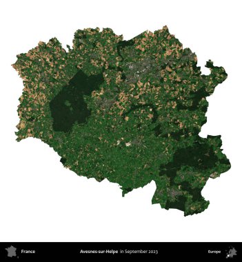 Avesnes-sur-Helpe. Fransa 'nın idari bölgesi, Eylül 2023' te çekilen Kopernik Nöbetçi karolarından oluşan bir uydu görüntüsü üzerinde beyaza izole edildi.