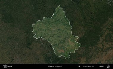 Aveyron. Fransa 'nın idari alanı, Temmuz 2021' de çekilen Kopernik Nöbetçi karolarından oluşan koyu renkli bir uydu görüntüsüyle vurgulandı ve özetlendi.