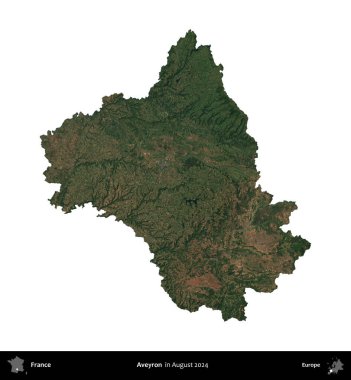 Aveyron. Fransa 'nın idari bölgesi, Ağustos 2024' te çekilen Kopernik Nöbetçi karolarından oluşan bir uydu görüntüsüyle beyaza izole edildi.