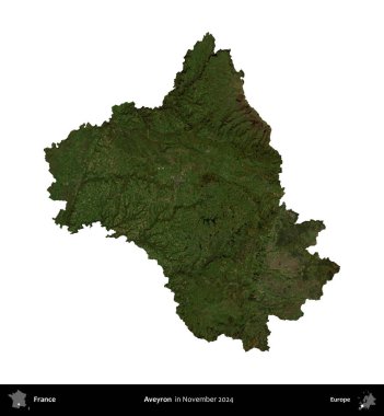 Aveyron. Fransa 'nın idari bölgesi, Kasım 2024' te çekilen Kopernik Nöbetçi karolarından oluşan uydu görüntüsüyle beyaza izole edildi.