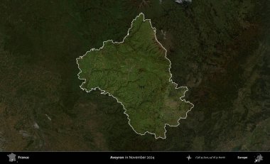 Aveyron. Fransa 'nın idari alanı, Kopernik Sentinel' in Kasım 2024 'te çekilmiş karanlık bir uydu görüntüsüyle vurgulandı ve özetlendi.