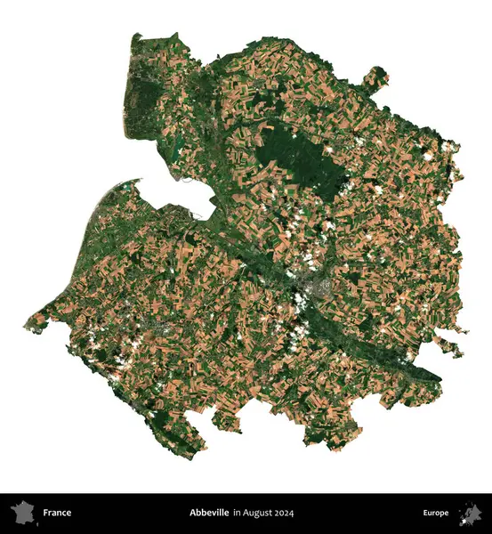 Abbeville 'de. Fransa 'nın idari bölgesi, Ağustos 2024' te çekilen Kopernik Nöbetçi karolarından oluşan bir uydu görüntüsüyle beyaza izole edildi.