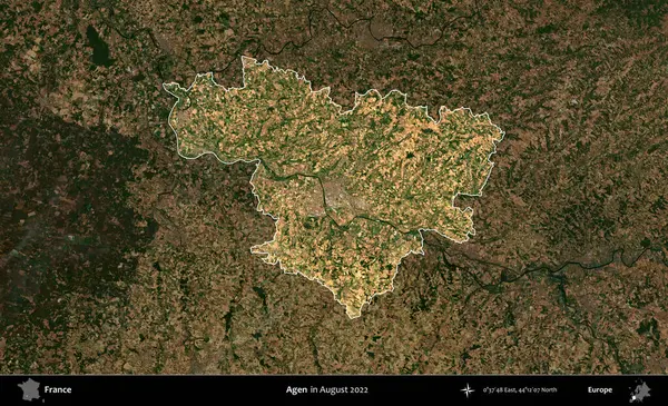 Agen. Fransa 'nın idari alanı, Ağustos 2022' de çekilen Kopernik Sentinel karolarından oluşan koyu renkli bir uydu görüntüsü üzerinde vurgulandı ve özetlendi.