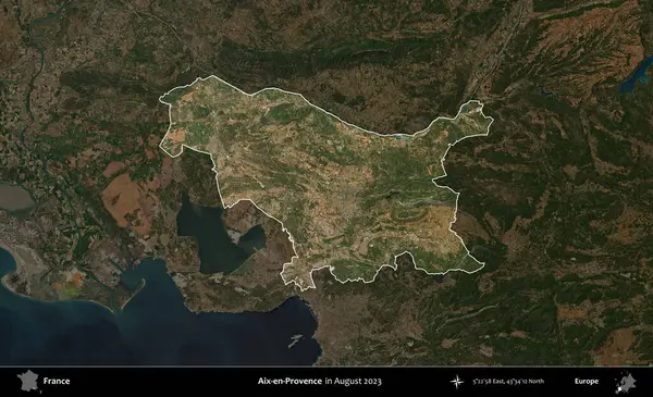 Aix-en-Provence. Fransa 'nın idari alanı, Ağustos 2023' te çekilen Kopernik Nöbetçi karolarından oluşan koyu renkli bir uydu görüntüsüyle vurgulandı ve özetlendi.