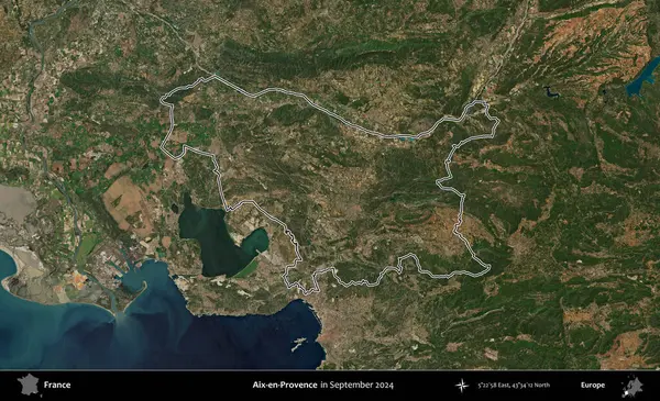 Aix-en-Provence. Eylül 2024 'te çekilen Copernicus Sentinel karolarından oluşan bir uydu görüntüsünde Fransa' nın idari bölgesinin ana hatlarını çizdim.