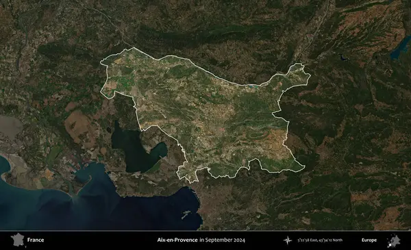 Aix-en-Provence. Fransa 'nın idari alanı, Eylül 2024' te çekilen Kopernik Nöbetçi karolarından oluşan koyu renkli bir uydu görüntüsü üzerinde vurgulandı ve özetlendi.