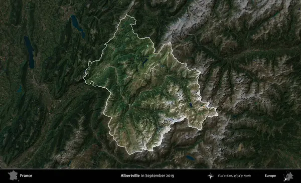 Albertville 'de. Fransa 'nın idari alanı, Eylül 2019' da çekilen Kopernik Nöbetçi karolarından oluşan koyu renkli bir uydu görüntüsü üzerinde vurgulandı ve özetlendi.