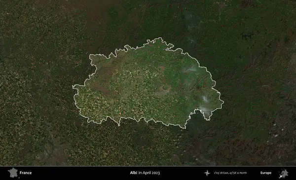 Albi. Fransa 'nın idari alanı, Nisan 2023' te çekilen Kopernik Nöbetçi karolarından oluşan koyu renkli bir uydu görüntüsü üzerinde vurgulandı ve özetlendi.