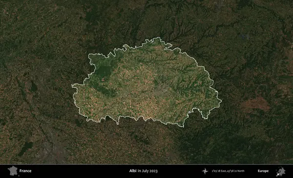 Albi. Fransa 'nın idari alanı, Temmuz 2023' te çekilen Kopernik Nöbetçi karolarından oluşan koyu renkli bir uydu görüntüsüyle vurgulandı ve özetlendi.