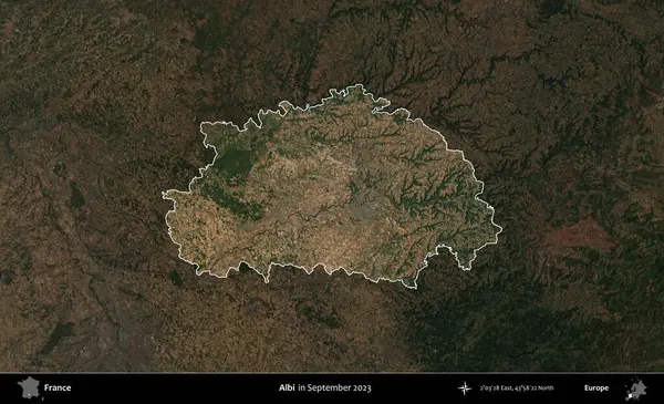 Albi. Fransa 'nın idari alanı, Eylül 2023' te çekilen Kopernik Nöbetçi karolarından oluşan koyu renkli bir uydu görüntüsü üzerinde vurgulandı ve özetlendi.