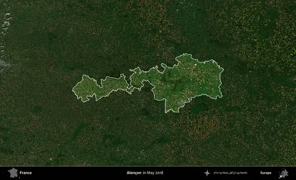 Alencon. Fransa 'nın idari alanı, Mayıs 2018' de çekilen Kopernik Nöbetçi karolarından oluşan koyu renkli bir uydu görüntüsü üzerinde vurgulandı ve özetlendi.