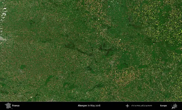 Alencon. Copernicus Sentinel 'in Mayıs 2018' de çekilmiş uydu görüntüsü üzerine Fransa 'nın idari bölgesi.