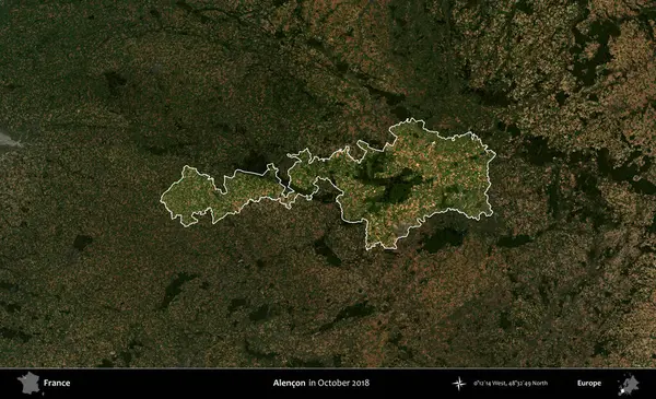 Alencon. Fransa 'nın idari alanı, Ekim 2018' de çekilen Kopernik Nöbetçi karolarından oluşan koyu renkli bir uydu görüntüsü üzerinde vurgulandı ve özetlendi.