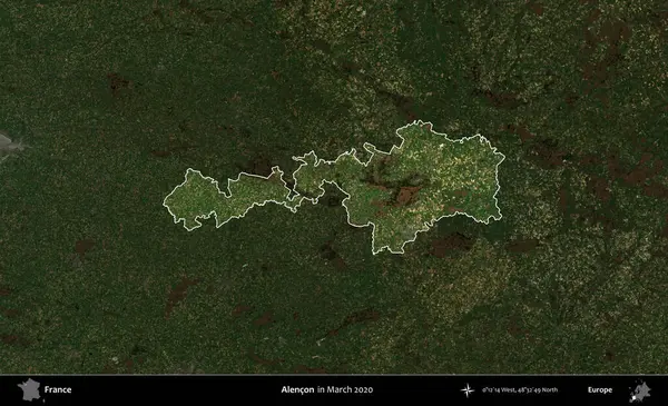 Alencon. Fransa 'nın idari alanı, Mart 2020' de çekilen Kopernik Nöbetçi karolarından oluşan koyu renkli bir uydu görüntüsü üzerinde vurgulandı ve özetlendi.