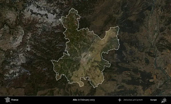 Ales. Fransa 'nın idari alanı, Şubat 2023' te çekilen Kopernik Nöbetçi karolarından oluşan koyu renkli bir uydu görüntüsü üzerinde vurgulandı ve özetlendi.