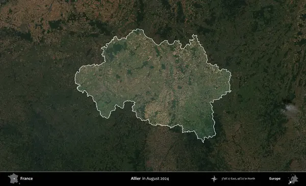 Allier. Fransa 'nın idari alanı, Ağustos 2024' te çekilen Kopernik Sentinel karolarından oluşan koyu renkli bir uydu görüntüsü üzerinde vurgulandı ve özetlendi.