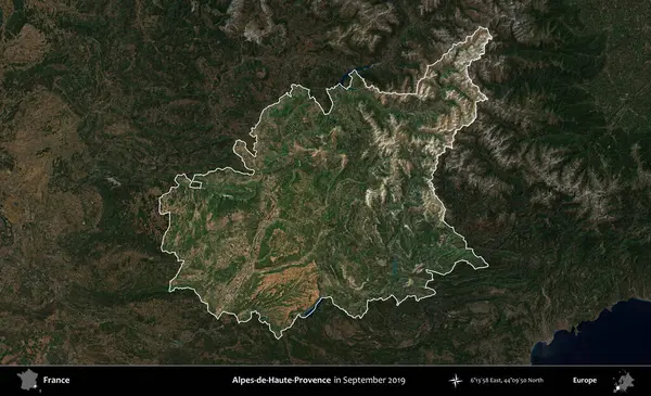 Alpes-de-Haute-Provence. Fransa 'nın idari alanı, Eylül 2019' da çekilen Kopernik Nöbetçi karolarından oluşan koyu renkli bir uydu görüntüsü üzerinde vurgulandı ve özetlendi.